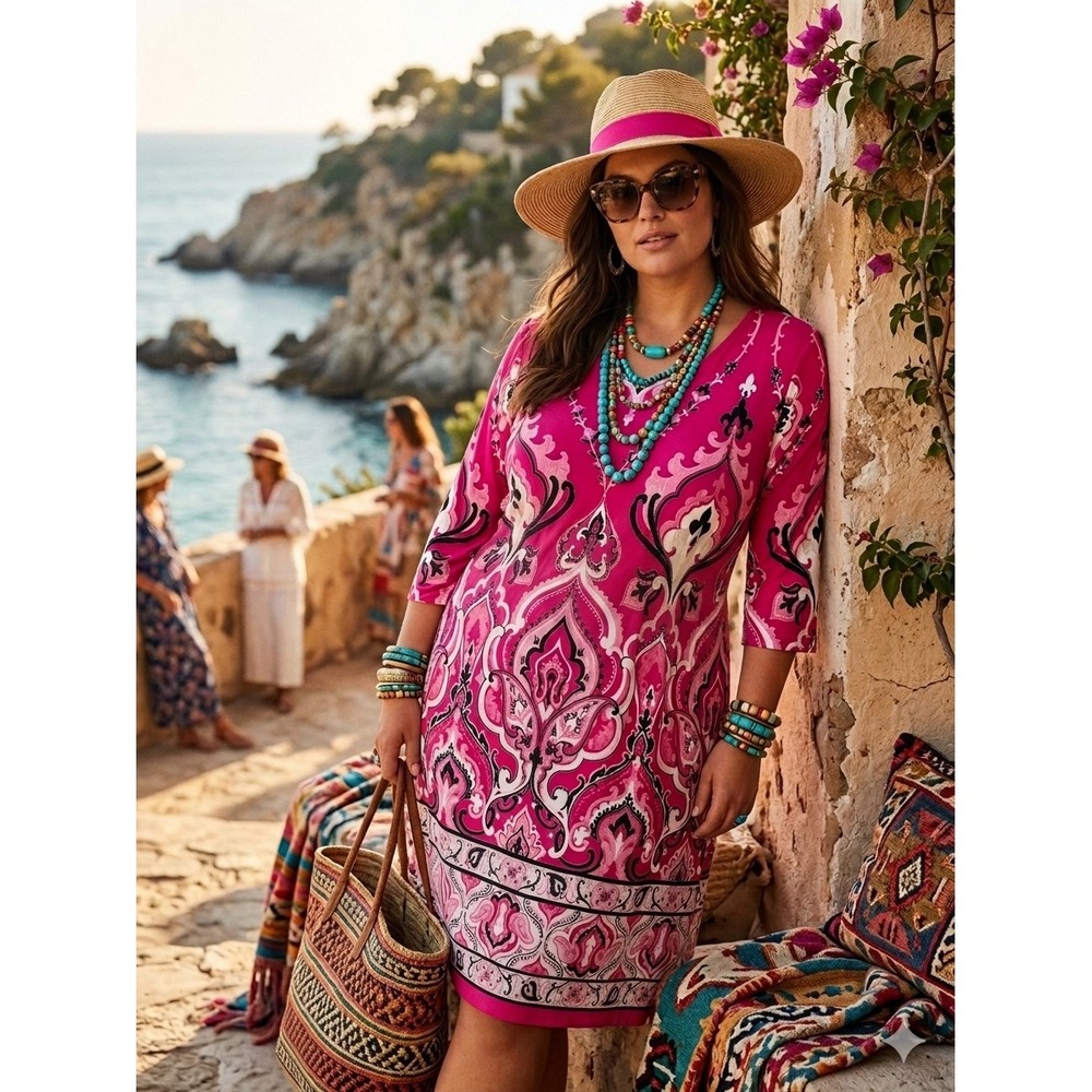 Chicos Paisley Print Shift Dress 3/4 Sleeve Plus Size 20/22 Coastal Boho Chic - Picture 1 of 5